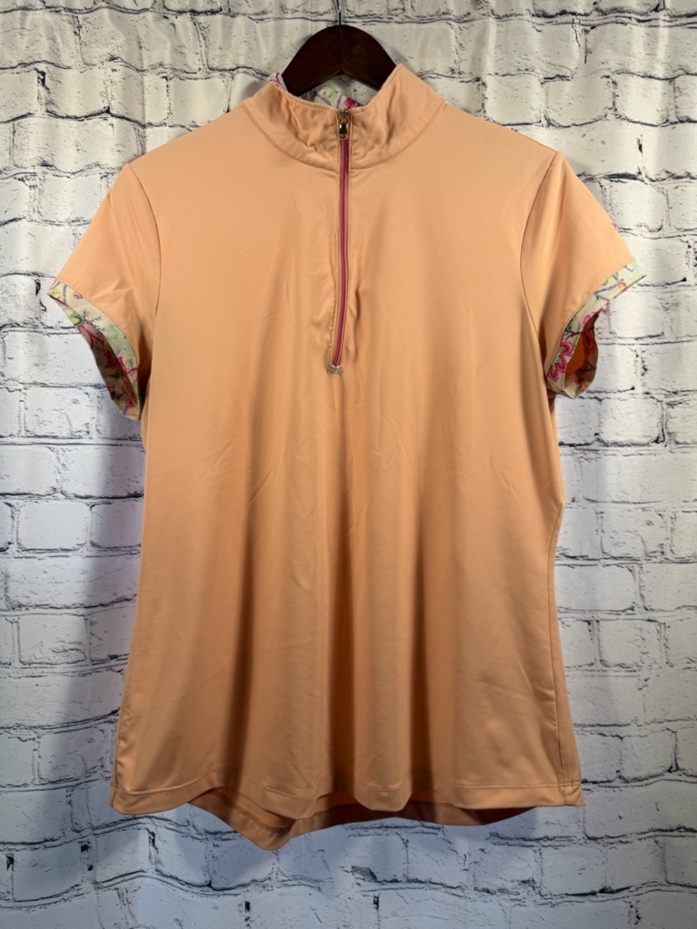 Fairway & Greene Ladies Golf Peach Short-Sleeve Zip Mock Neck Top